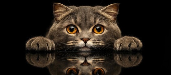 Expressive Scottish Fold cat with captivating eyes peering over a reflective surface ideal for pet-related advertising and promotional content