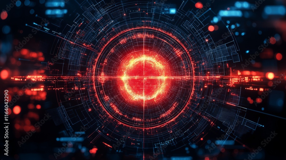Poster a mesmerizing abstract concept of a glowing red core surrounded by intricate digital circuitry, evok