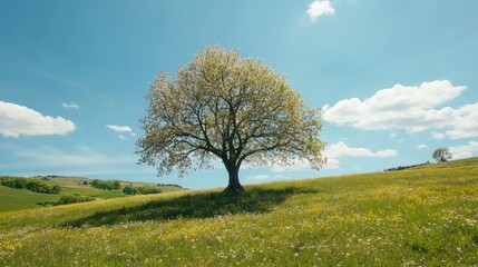 Obraz premium Solitary blooming tree in vibrant green meadow under a clear blue sky showcasing serene rural countryside scenery