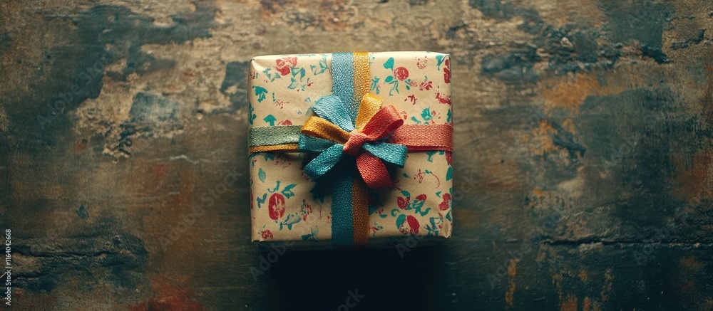 Poster handmade gift box wrapped in craft paper with colorful ribbons on a rustic table overhead view with 