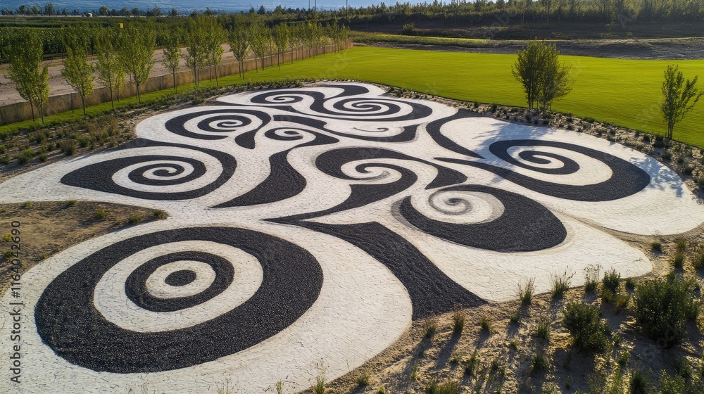 Poster aerial view of intricate sand patterns showcasing swirling designs in a landscaped setting with gree