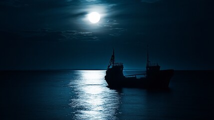 Obraz premium Silhouette of a ship at night under a full moon over a still ocean.