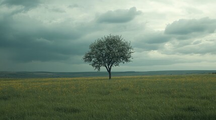 Obraz premium Solitary tree on lush green meadow beneath an overcast sky creating a serene and tranquil landscape scene.