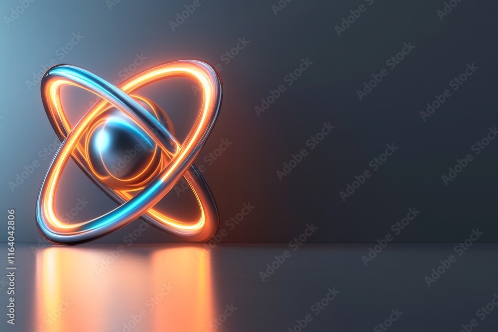 Aufkleber A minimalist atomic symbol with a glowing nucleus and simple electron orbits on a dark gradient background