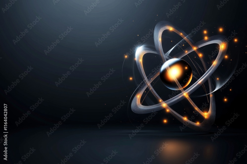 Aufkleber A minimalist atomic symbol with a glowing nucleus and simple electron orbits on a dark gradient background