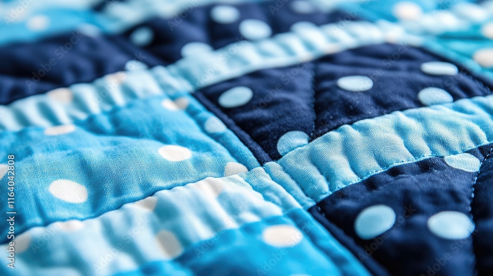 Poster close up of quilt fabric featuring alternating light and dark blue polka dots with visible stitching