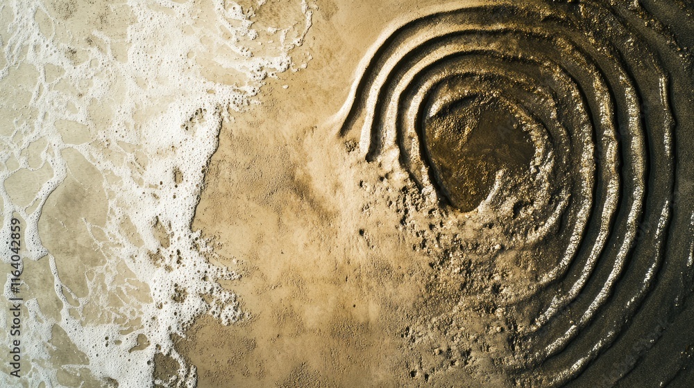 Poster aerial perspective of sandy beach waves with circular patterns and coastal abstract texture highligh