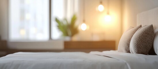 Serene blurred bedroom interior design with soft lighting and cozy decor creating a tranquil atmosphere for relaxation and inspiration