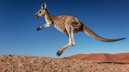 Red kangaroo leaping over rocky terrain against a clear blue sky.