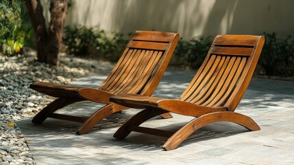 Wooden lounge chairs designed for relaxation by the poolside in a serene outdoor environment