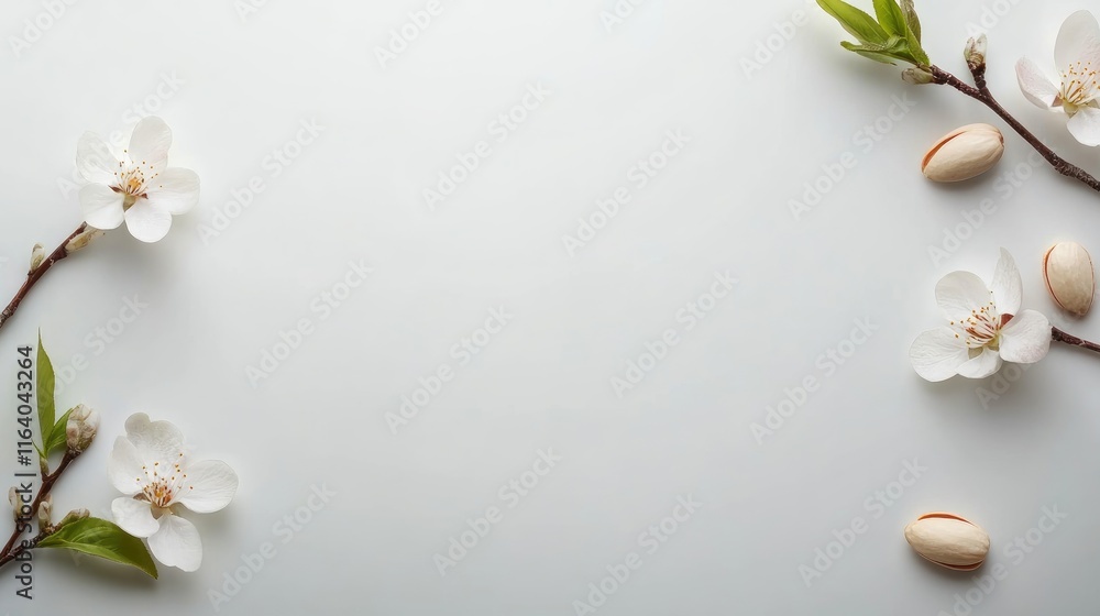 Poster almonds and blossoms arranged on a light background creating a minimalist space for text or branding
