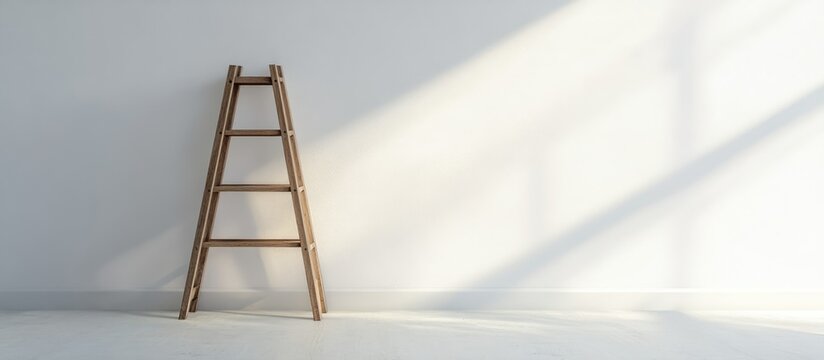 Wooden stepladder leaning against a smooth white wall perfect for interior design inspiration or home renovation projects