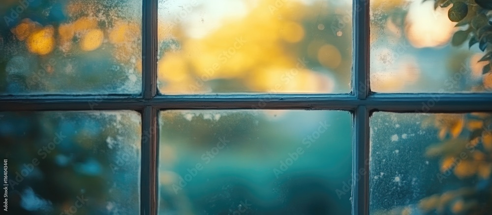 Poster dreamy blurred view through a house window with soft light and vibrant colors creating a tranquil an