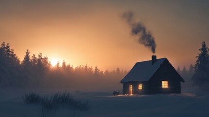 Cozy winter cabin in snowy forest at sunrise. Warm light from window illuminates the tranquil scene.