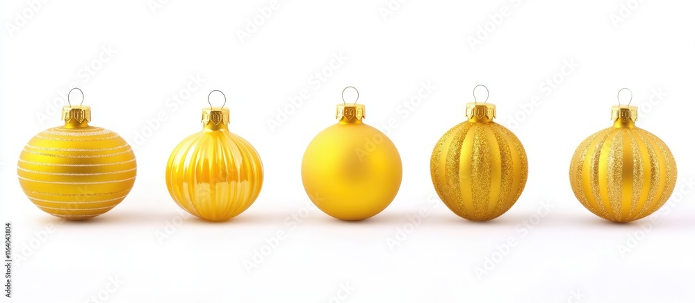 Poster yellow christmas ornaments arranged in a row against a clean white backdrop creating a festive and c