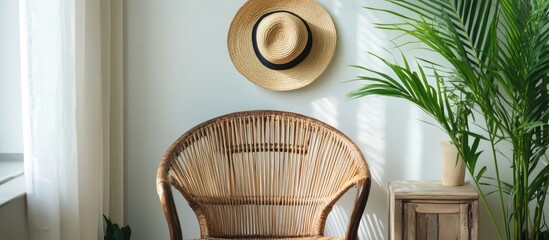 Stylish workspace featuring a straw hat decoratively hung on a chair surrounded by indoor plants and bright natural light