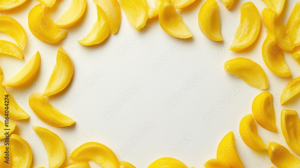 Poster yellow pepper slices arranged in a circular pattern on a clean white background creating a vibrant a