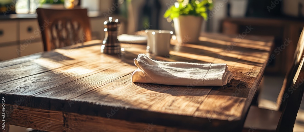 Poster rustic wooden dining table with a cloth napkin highlighting an elegant and inviting table setting in