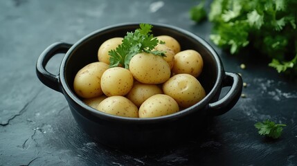 Aloo dish with baby potatoes garnished with coriander in a black bowl on a dark slate background showcasing vibrant food textures