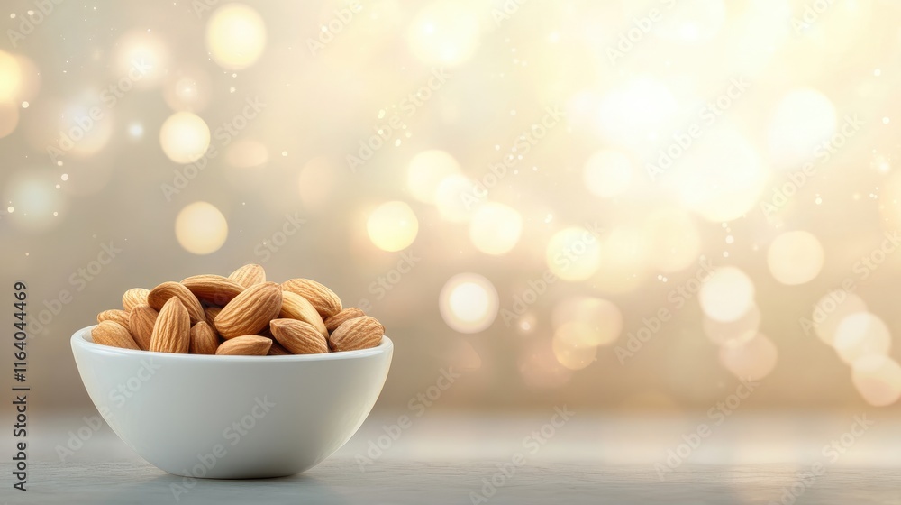 Aufkleber almonds in a white bowl with a soft bokeh background creating a warm and inviting atmosphere for foo