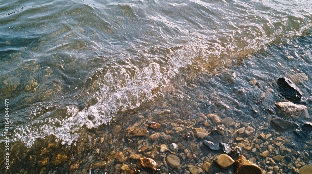 Poster aerial perspective of shallow water with wave splashes over smooth stones creating a serene coastal 