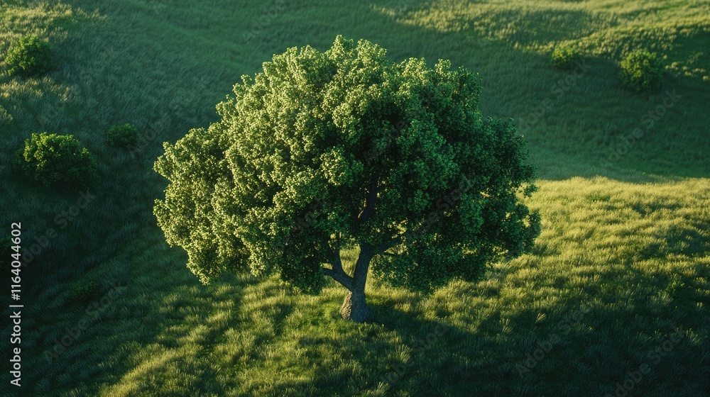 Poster lush summer green tree captured from above surrounded by vibrant grassy fields in a serene landscape
