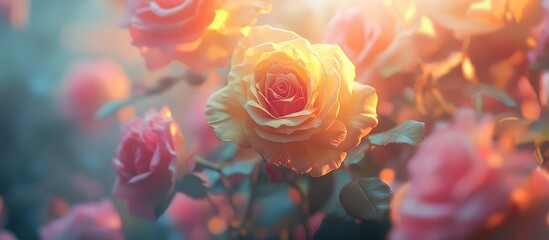 Close up of vibrant yellow and pink garden roses with soft focus showcasing petals and sunlight for a dreamy floral background
