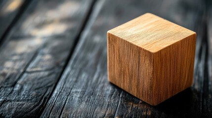 Wooden cube on rustic table for financial marketing and business concepts showcasing creativity and professionalism in visual communication