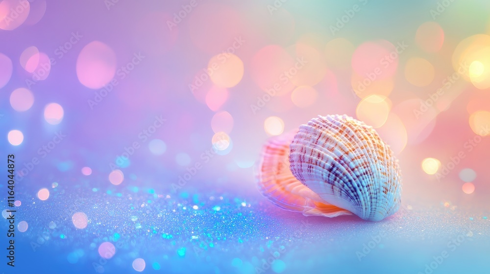 Poster colorful abstract background with shimmering lights and a delicate seashell accentuating coastal bea
