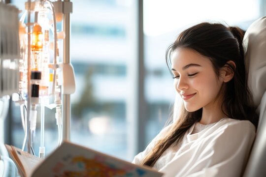 A patient receiving hydration therapy through an IV while reading a book in a comfortable chair