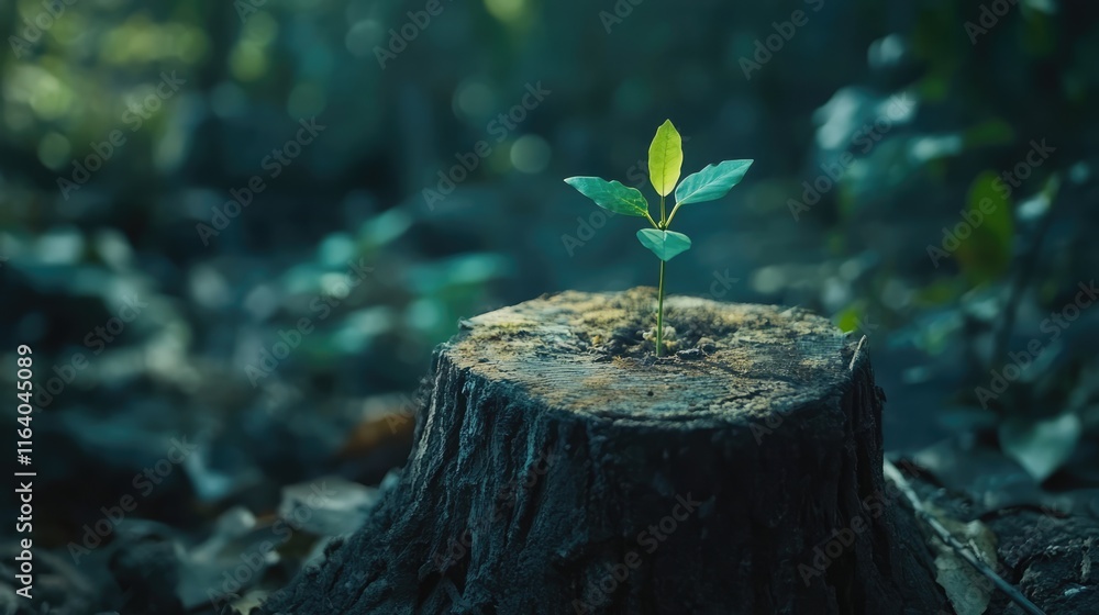 Poster new tree seedling emerging from stump symbolizing renewal and the cycle of life in a natural forest 