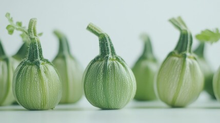 Obraz premium Fresh young zucchinis with a smooth texture arranged on a white background showcasing their vibrant green color and unique shape.