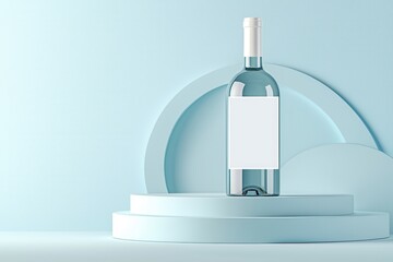 Wine bottle with blank label concept for commercial poster. Elegant wine bottle displayed on a soft blue background with geometric shapes
