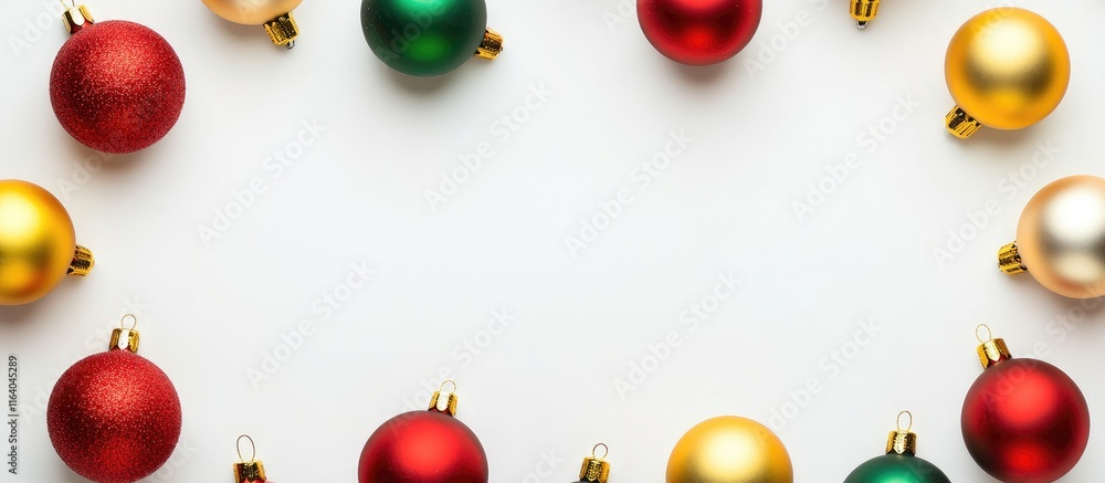 Poster colorful christmas ornaments arranged in a circular pattern on a white background creating a festive