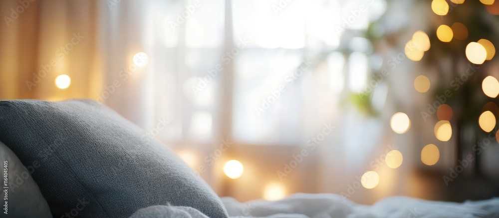 Poster modern bedroom interior with soft lighting and blurred background creating a calming and serene atmo