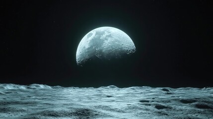 Close up view of almost full moon illuminated against a dark sky with lunar surface in the foreground showcasing celestial beauty and tranquility