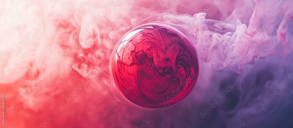 Poster decorative red swirl bauble with shiny glitter in misty colorful vapor creating an abstract festive 