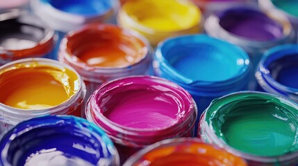 Vibrant Acrylic Paint Pots Displaying a Colorful Abstract Mixing Background for Artistic Inspiration and Creative Projects