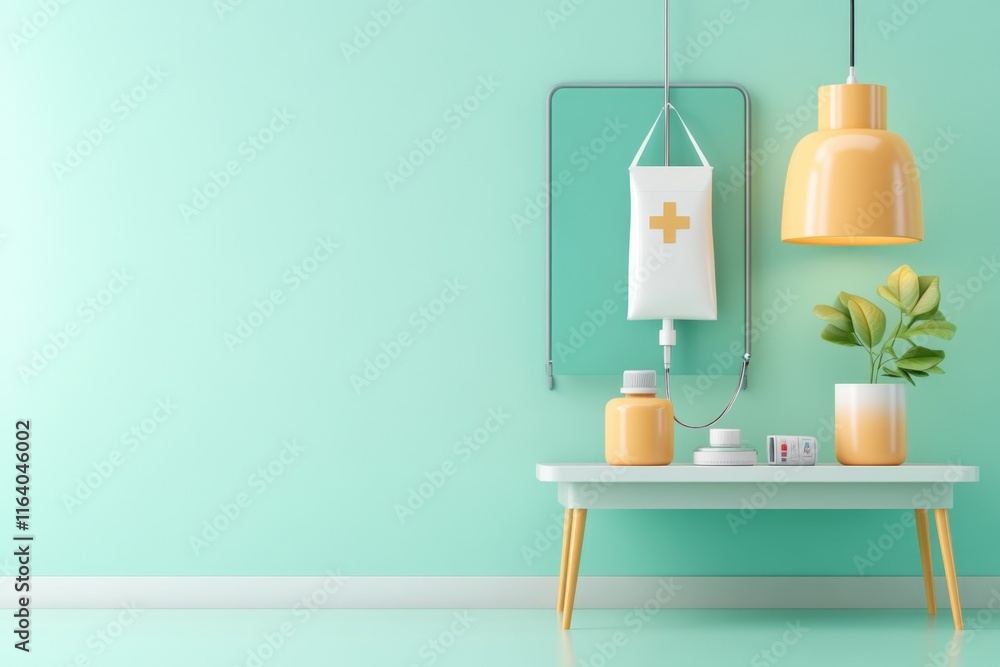 Poster a pixel art depiction of an iv stand with a simple bag and tubing in a retro hospital setting