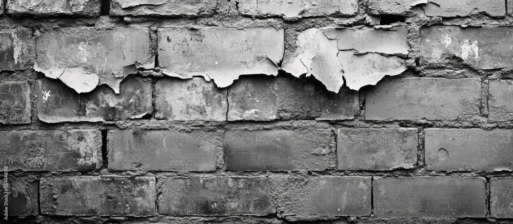 Poster weathered gray brick wall with distressed peeling paint creating a textured backdrop ideal for desig