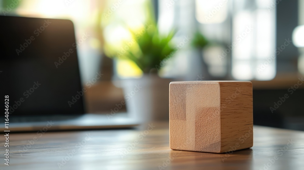 Poster wooden block on office desk with blurred laptop background representing modern technology and virtua