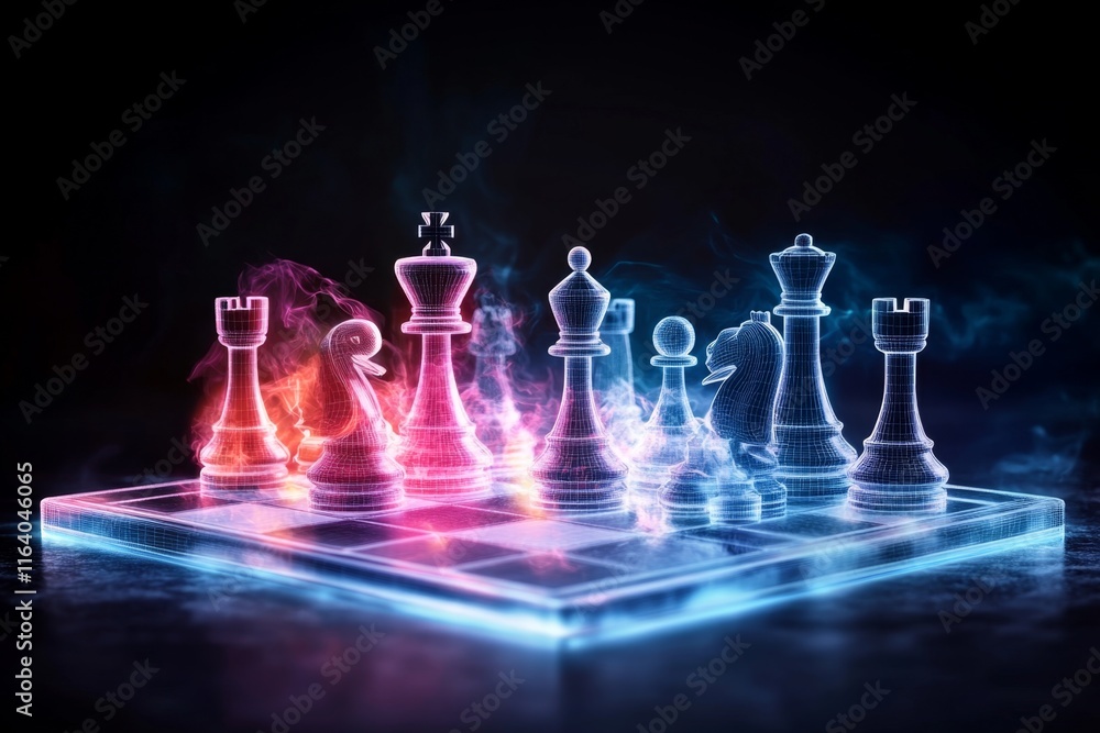 Poster a pixel art depiction of an ivory chessboard with animated pieces glowing softly in a retro style