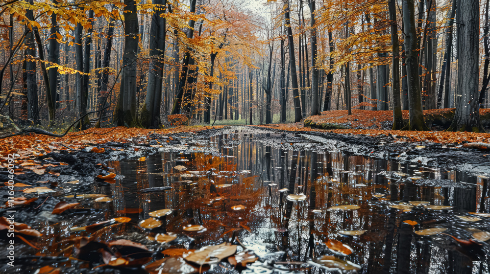 Poster forest with a stream of water running through it