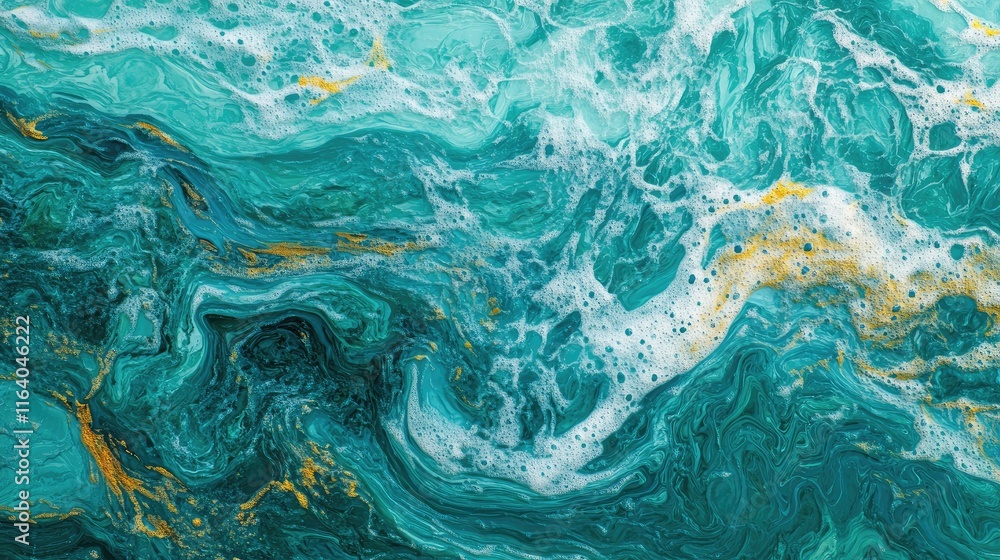 Poster abstract turquoise ocean waves with colorful foam textures and ripples captured from an aerial persp