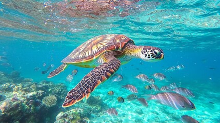 Fototapeta premium Underwater sea turtle swimming near coral reef with colorful fish.