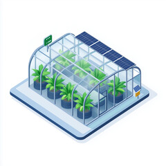 Modern greenhouse design with solar panels and vibrant plants in a sustainable urban setting