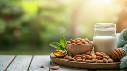 Almonds with honey and mint leaves on a wooden tray with milk in a jar showcasing a serene natural background and soft lighting
