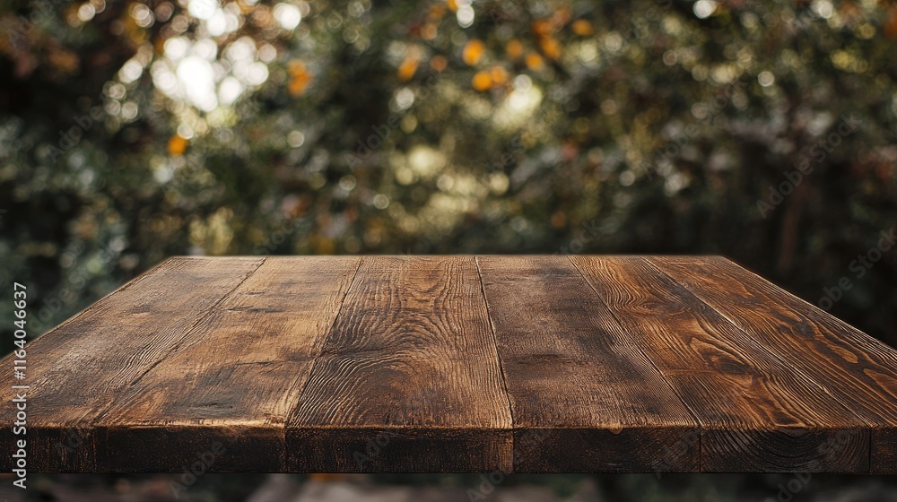Aufkleber rustic wooden table top with blurred natural foliage bokeh backdrop suitable for product display or 