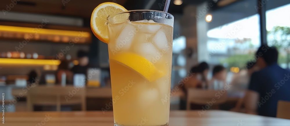 Poster refreshing yuzu honey beverage with ice and lemon slice served in a cafe setting against a blurred s