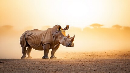 Fototapeta premium White rhinoceros standing in dusty savanna at sunset.